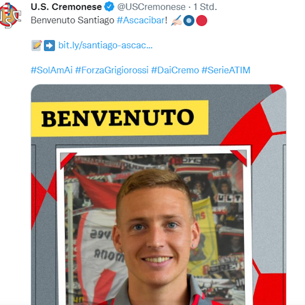 US Cremonese verkündete via Twitter die Verpflichtung von Santiago Ascacibar.