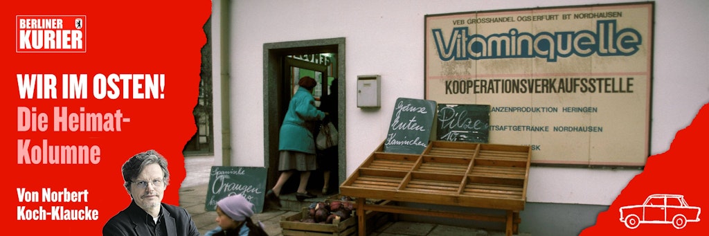 Leere Auslagen vor einem DDR-Gemüseladen: Der stete Warenmangel in der DDR wurde in der Bevölkerung scherzhaft mit den vier Hauptfeinden des Sozialismus begründet.