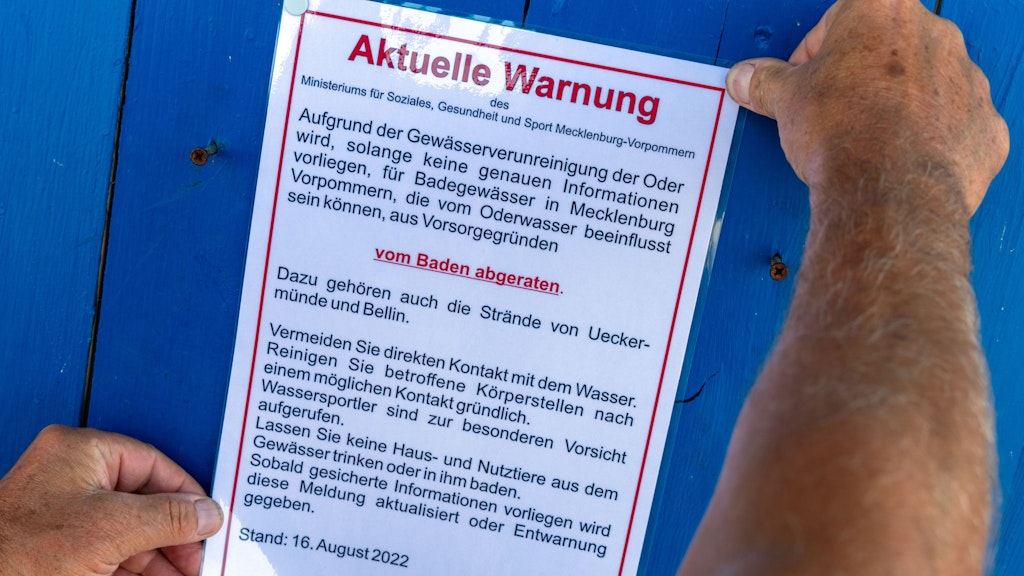 Eine Warnung vor dem Baden wegen der Gewässerverunreinigung in der Oder hängt der Bademeister am Badestrand am Stettiner Haff auf. Nach dem massiven Fischsterben in der Oder rät die Landesregierung von Mecklenburg-Vorpommern für mehrere Badestellen vom Baden ab.