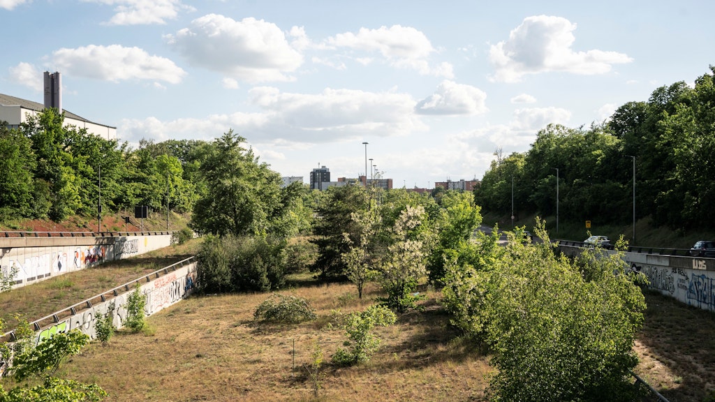 Die A 103 am Sachsendamm, Wildwuchs in der Mitte, Zu- und Abfahrtsrampen rechts und links. Geplant war, die Piste in die Innenstadt bis zum Tiergartentunnel weiterzuführen. Das wollte am Ende niemand mehr.
