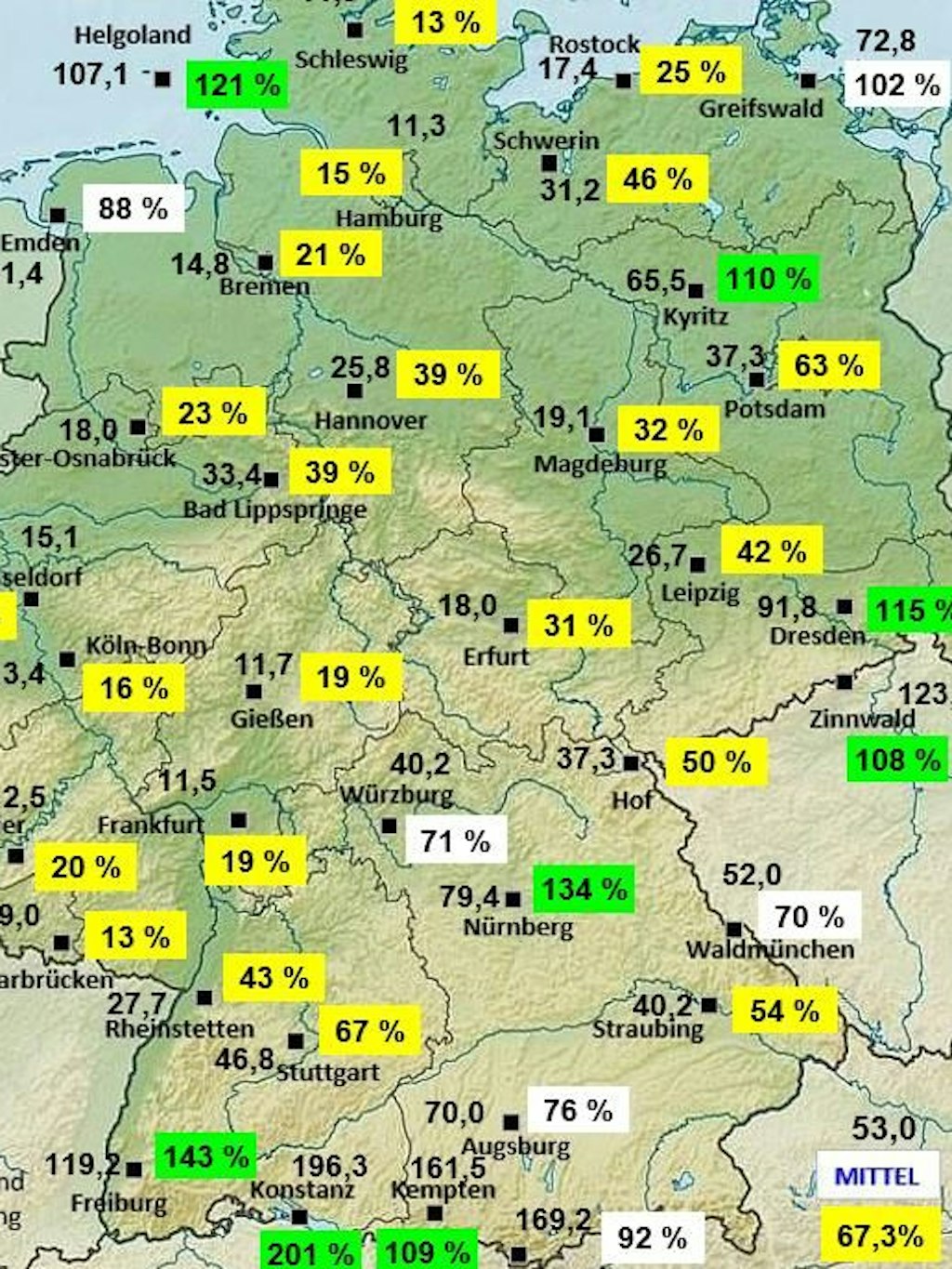 Riesenunterschiede bei Niederschlägen von einem Ort zum nächsten zeigt diese Grafik des Meteorologen Bernd Hussing für den Monat August: Im Berliner Raum ist immer noch zu wenig Regen gefallen, in Brandenburg stellenweise zu viel.