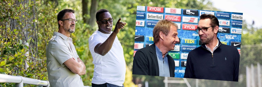 Kaderplaner und Nachwuchschef: Fredi Bobic und Pablo Thiam bei Hertha BSC mit den Altlasten von Ex-Trainer Jürgen Klinsmann und Ex-Manager Michael Preetz (v.l.). 