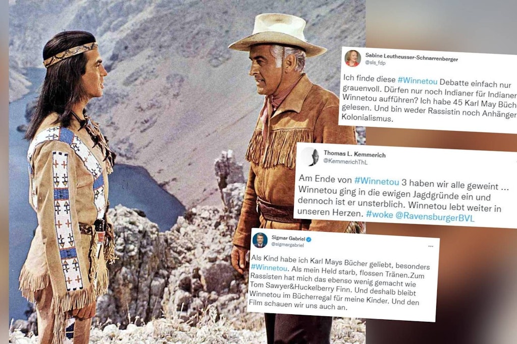 Eine Szene aus einem Winnetou-Film, dazu die Tweets deutscher Politiker.