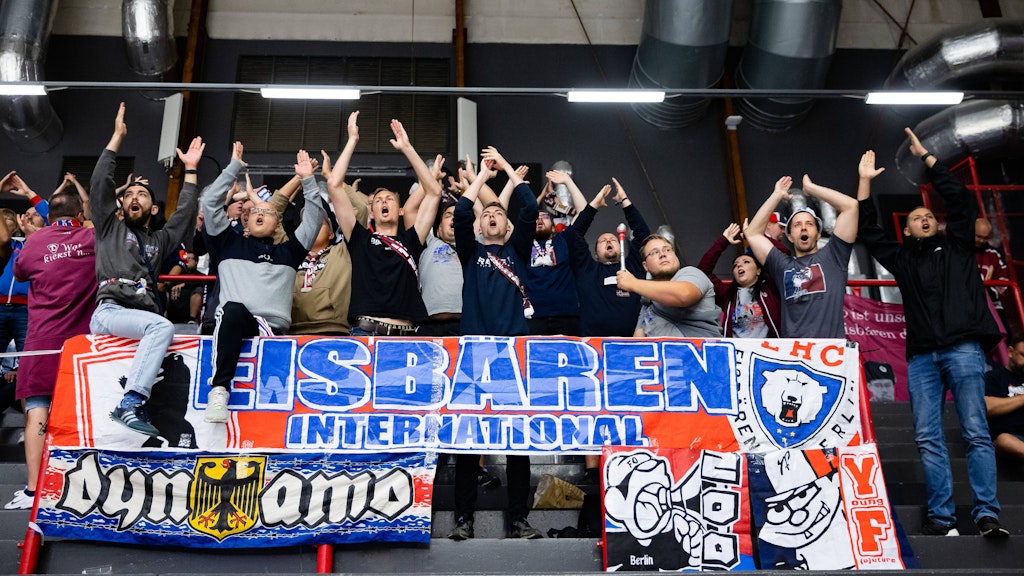 Lassen sich die Laune auch vom 1:7 nicht vermiesen: Eisbären-Fans sind auch in Göteborg live mit dabei.