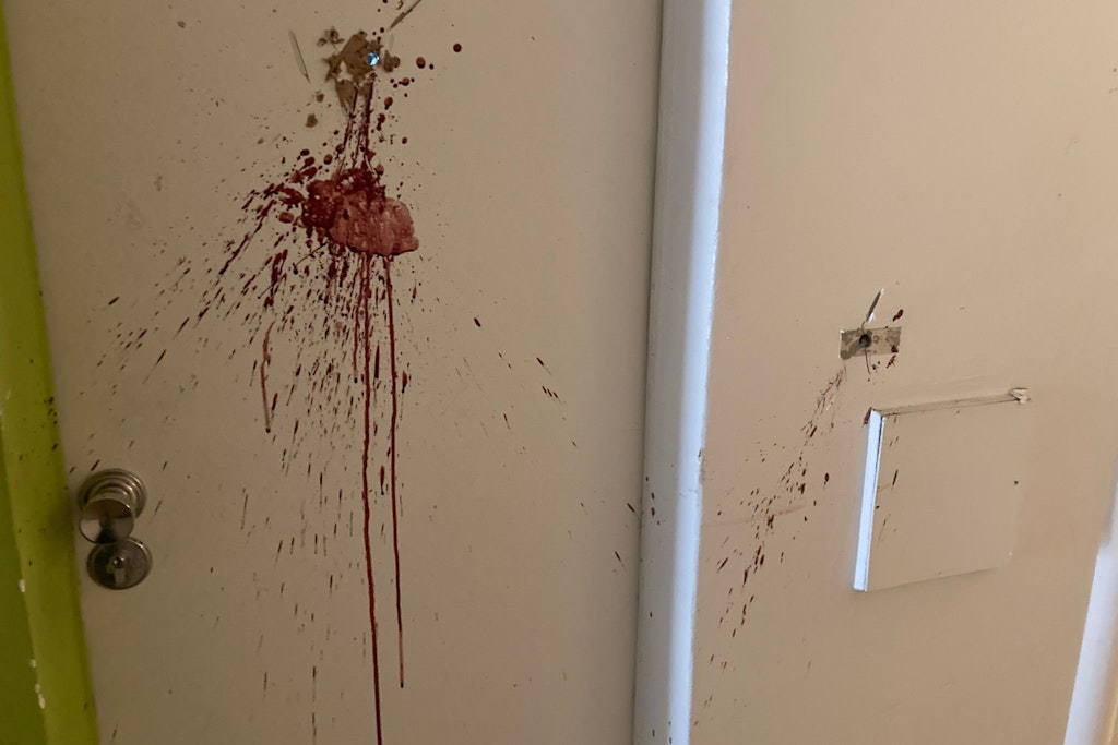 Blut- und Beilspuren an Wohnungstüren. Es ist unklar, ob es das Blut der erschlagenen Frau oder des Täters ist, der sich in rasender Wut selbst verletzt haben könnte.
