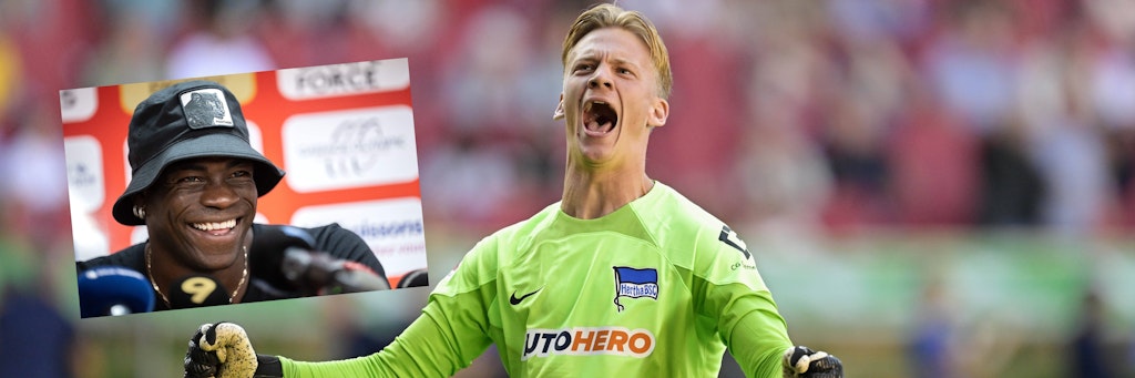 Hertha-Torhüter Oliver Christensen kommt ohne die Starallüren von Mario Balotelli (l.) aus. Das Zeug zum Publikumsliebling hat der Däne trotzdem.