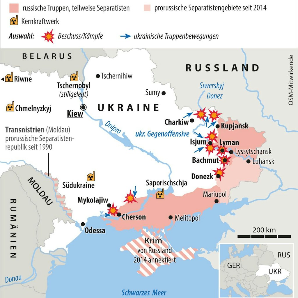 Vor einer Woche lagen Isjum und Kupjansk noch weit hinter den russischen Linien, die jetzt durchbrochen sind.