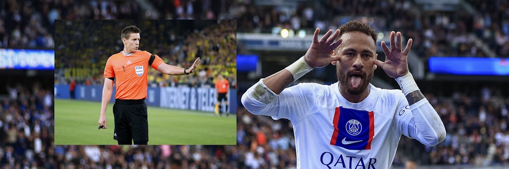 Superstar Neymar und sein Clownsjubel: Der Brasilianer sieht sich mal wieder als Opfer, attackiert Berlins Schiedsrichter Daniel Siebert (l.). 