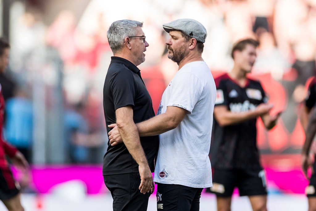 Cheftrainer Urs Fischer (l.) wird von allen Kollegen für seine Arbeit beim 1. FC Union gelobt. Auch von Steffen Baumgart, Coach des 1. FC Köln.