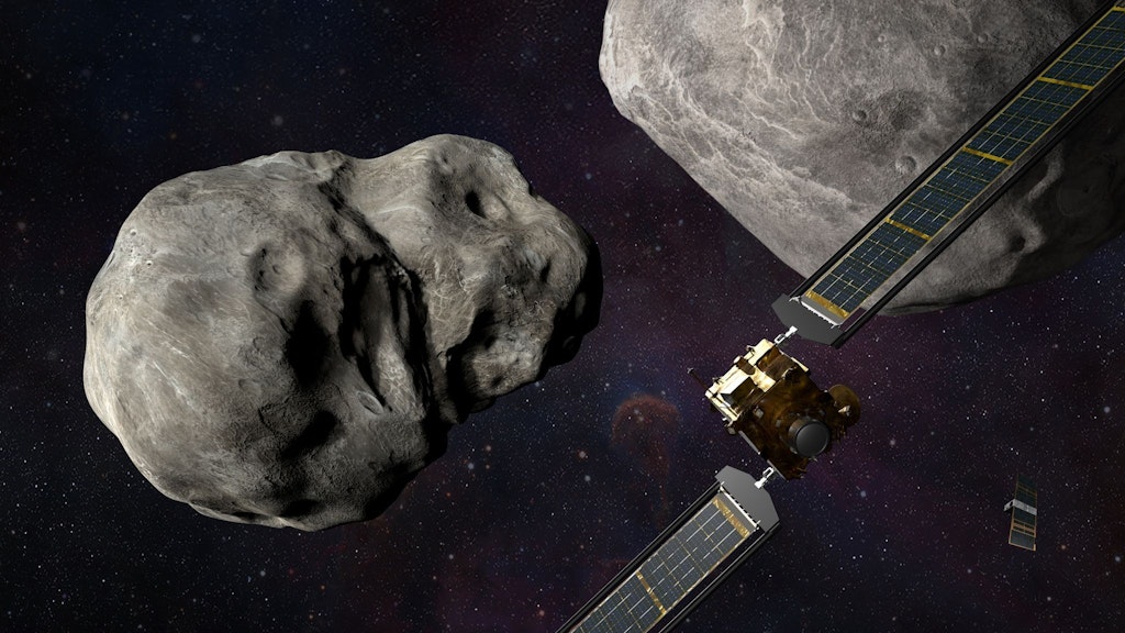 Die NASA-Raumsonde «Dart» und das «LICIACube» (rechte untere Ecke) vor dem Einschlag.