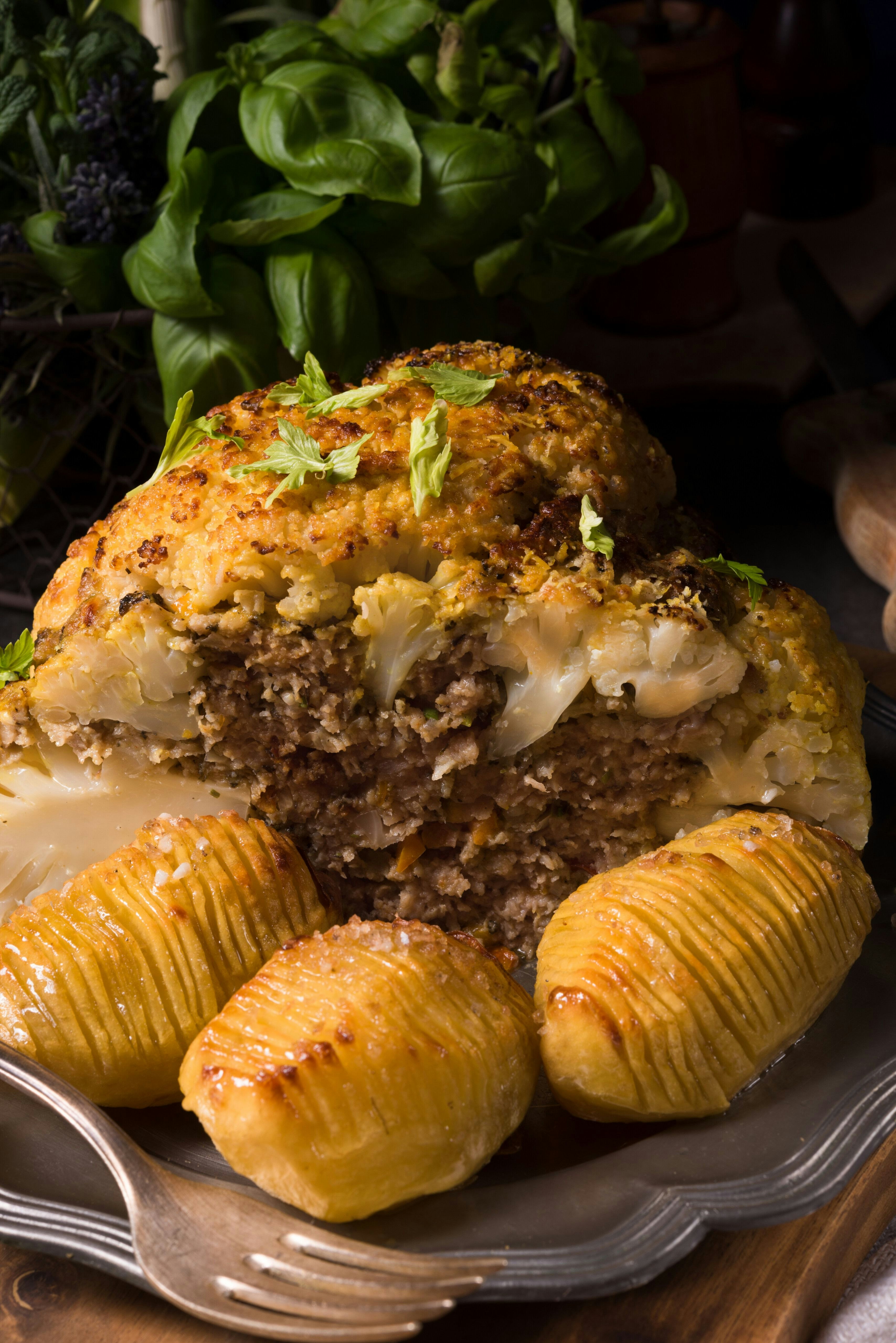 Omas gefüllter Blumenkohl mit Hackfleisch und Hasselback-Kartoffeln ...
