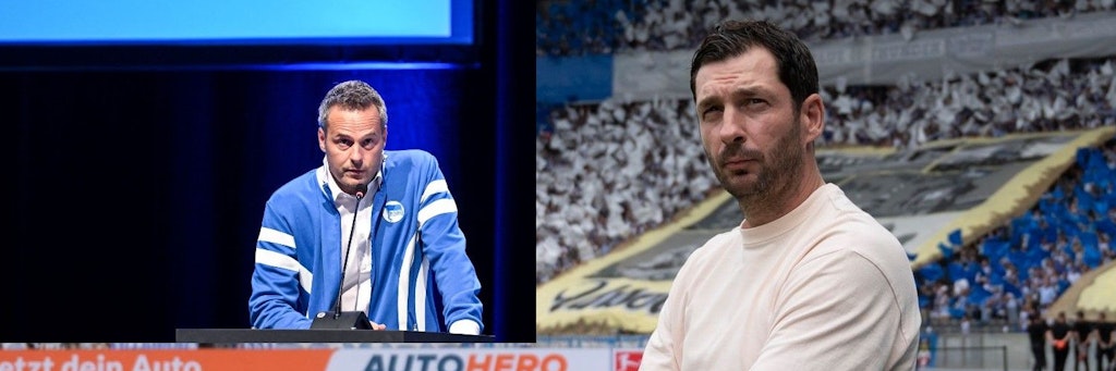 Hertha-Trainer Sandro Schwarz stellt dem neuen Präsidenten Kay Bernstein (l.) ein herausragendes Zeugnis aus. 