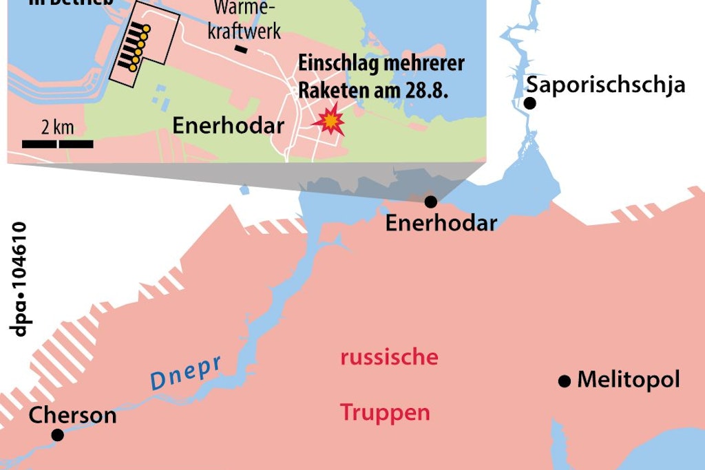 Das Atomkraftwerk Saporischschja liegt genau an der Grenze des von Russland kontrollierten Gebietes, während die gleichnamige Stadt unter ukrainischer Kontrolle ist.