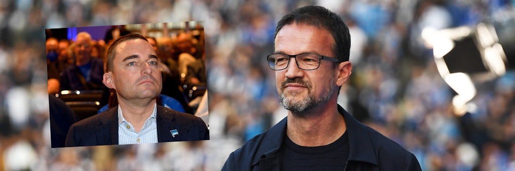 Hertha-Boss Fredi Bobic lässt sich vom Spionage-Skandal um Investor Lars Windhorst (l.) nicht aus der Ruhe bringen.