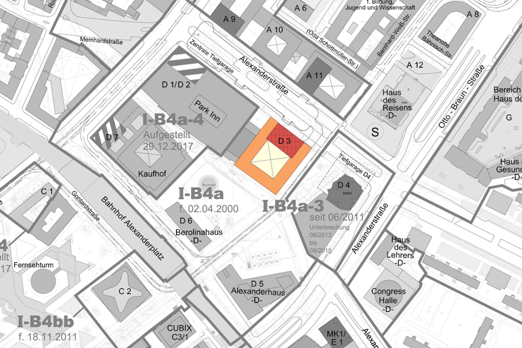 Die Lage des Covivio-Projekt. Rot ist das Hochhaus markiert, hellgelb der 36-Meter-Block davor, der an den Tunnel grenzt.