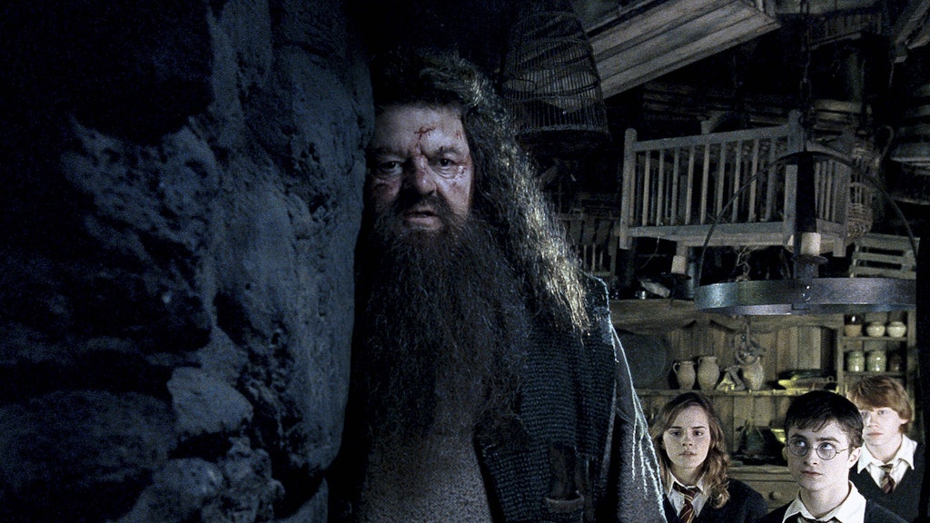 Robbie Coltrane als Hagrid im Film „Harry Potter und der Orden des Phönix“ aus dem Jahr 2007. Im Hintergrund Harry Potter und seine Freunde Hermine und Ron.