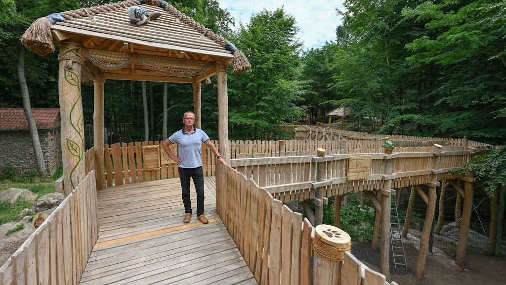 ARCHIV - Bernd Hensch, Direktor vom Zoo Eberswalde, steht auf dem hölzernen Erlebnispfad. 