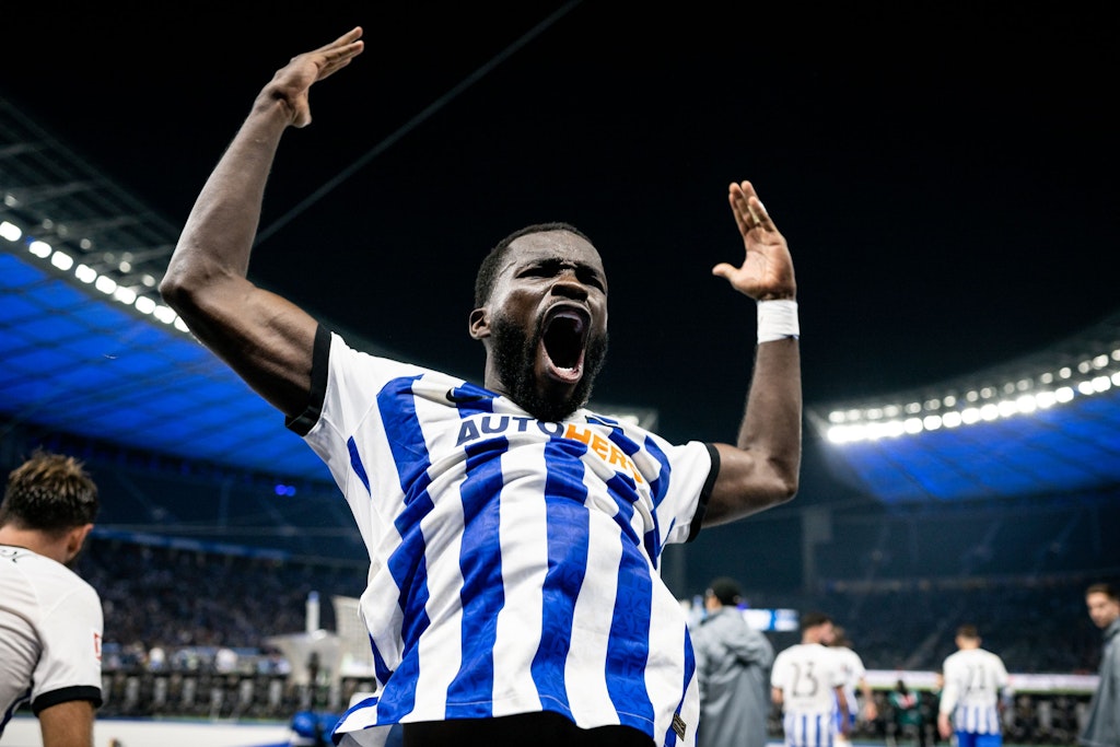 Da brüllte Wilfried Kanga alles raus! Herthas Stürmer jubelt nach seinem Treffer zum 2:1 gegen Schalke 04.