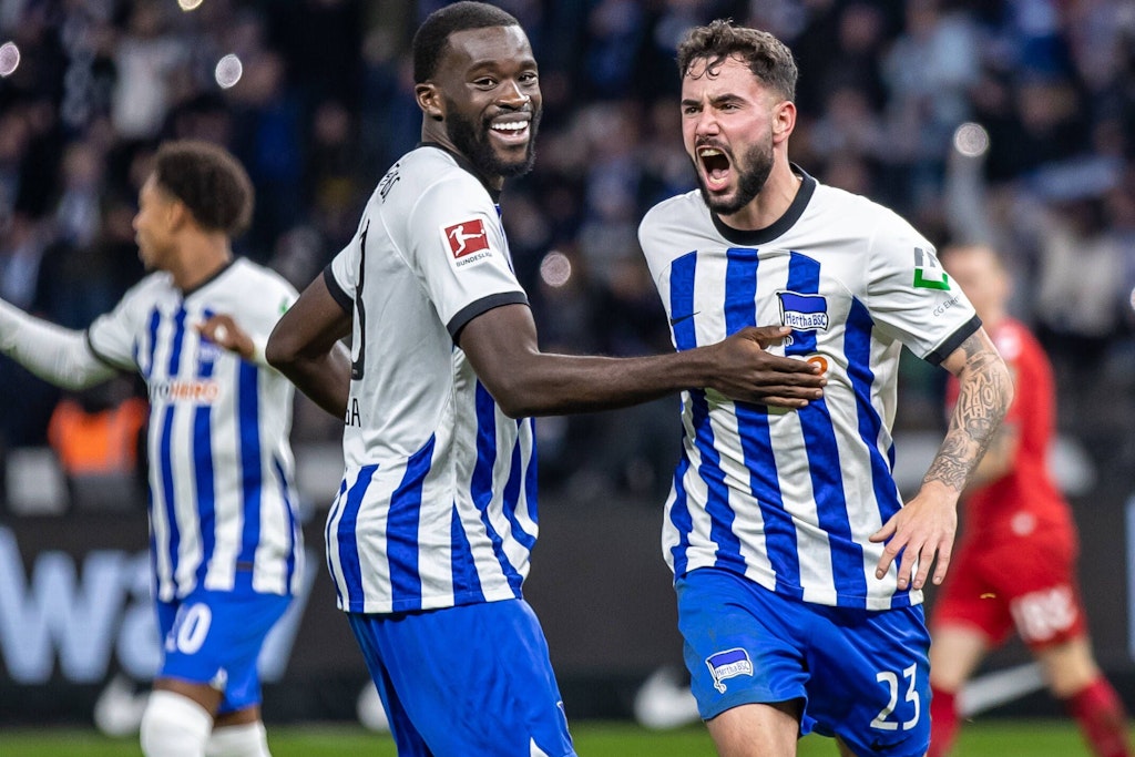 Herthas Torschützen Willy Kanga und Marco Richter jubeln um die Wette. Heimsieg gegen Köln gelungen.