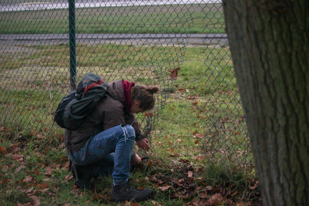Ein Aktivist durchschneidet den Sicherheitszaun am Flughafen BER.