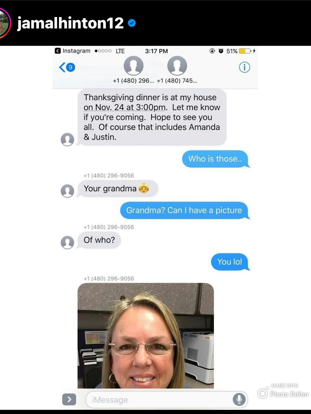 Die SMS zwischen Wanda und Jamal, die zu der ungewöhnlichen Thanksgiving-Geschichte führte.
