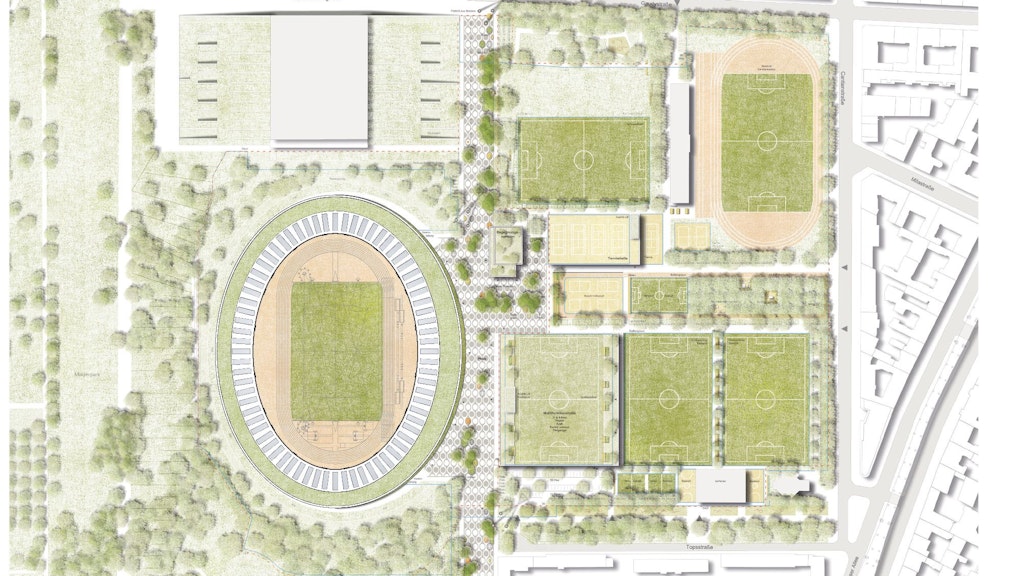 Der Lageplan des neuen Jahnsportparks. Über dem Stadion die Max-Schmeling-Halle, rechts davon ein Sportfeld mit der angrenzenden Wiese. Rechts vom Stadion die künftige Mehrzweckhalle, darüber die Sportachse, die Tennishalle und das kleine Klötzchen des Begegnungszentrums.