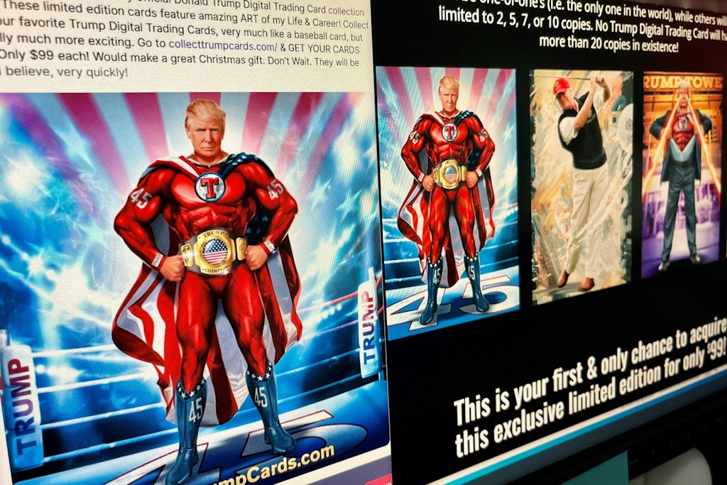Mit diesen digitalen Sammelkarten mit Bildern von sich selbst, etwa in Super-Helden-Pose, hat Donald Trump die Öffentlichkeit überrascht. 