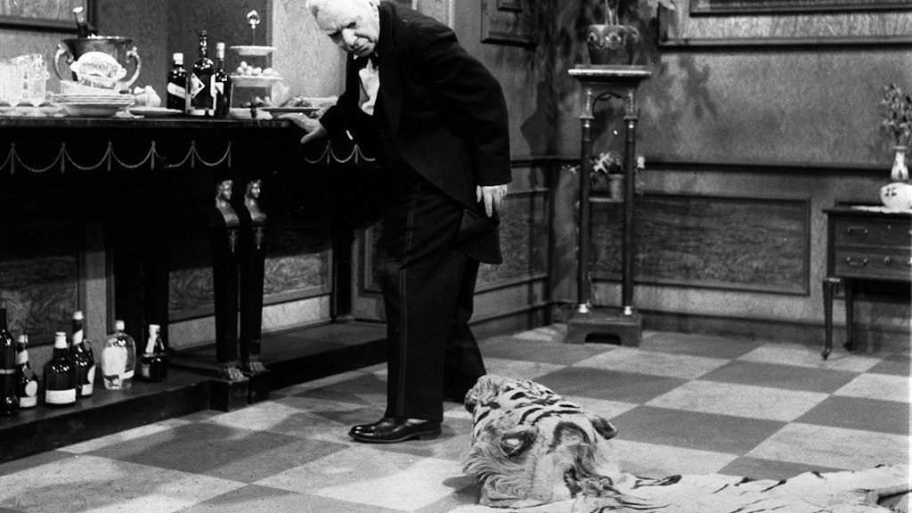 Immer wieder lustig: Butler James stolpert über den Tigerkopf.