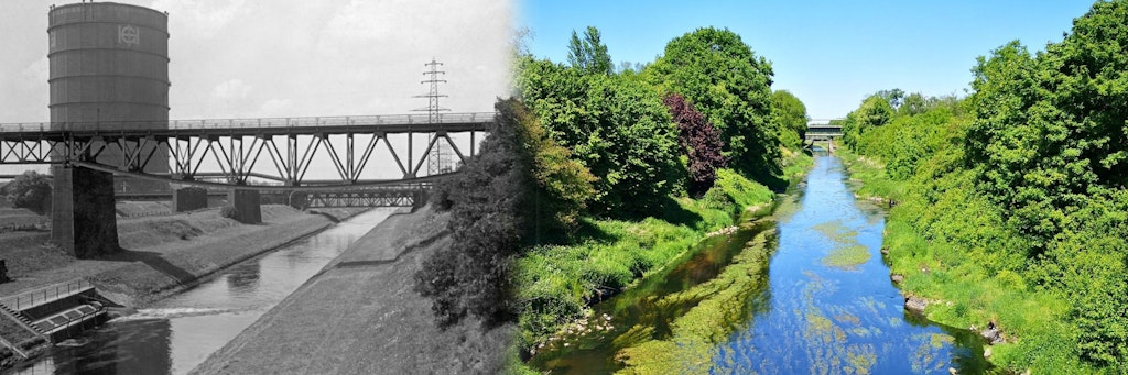 Die Emscher in ihrem weiteren Verlauf zum Rhein, wie sie war und wie sie inzwischen in weiten Teilen ist.