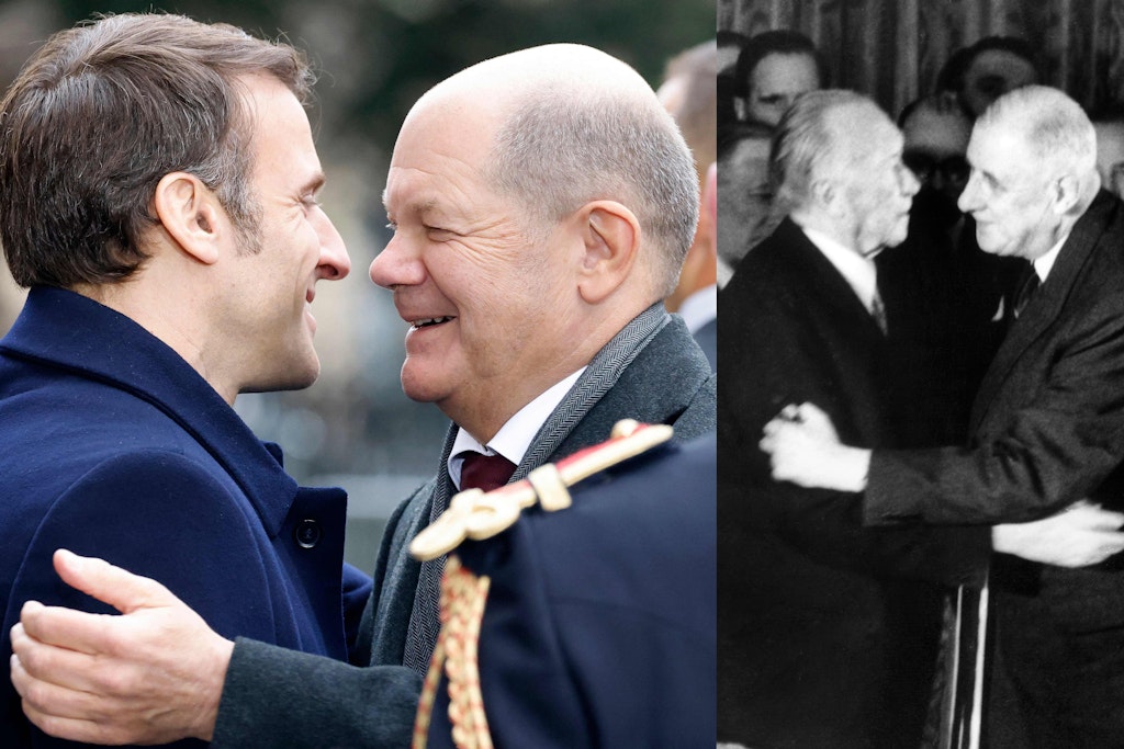 Die Umarmung des riesenhaften Präsidenten Charles de Gaulle (1,96 m) mit Kanzler Konrad Adenauer (1,86 m) geriet 1963 etwas unbeholfen. Zwischen Kanzler Olaf Scholz (1,70 m) und Präsident Emmanuel Macron (1,73 m) klappt es besser.