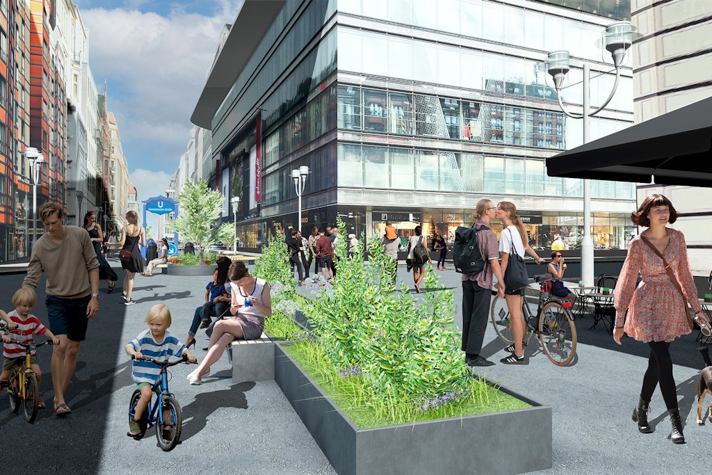 Visualisierungen der Planungen für Frühjahr 2023: Bis zum Frühjahr 2023 wird die Fußgängerzone Friedrichstraße durch Stadtgrün und Stadtmöbel aufgewertet, um die Qualität des Aufenthalts und des Flanierens zu erhöhen. 