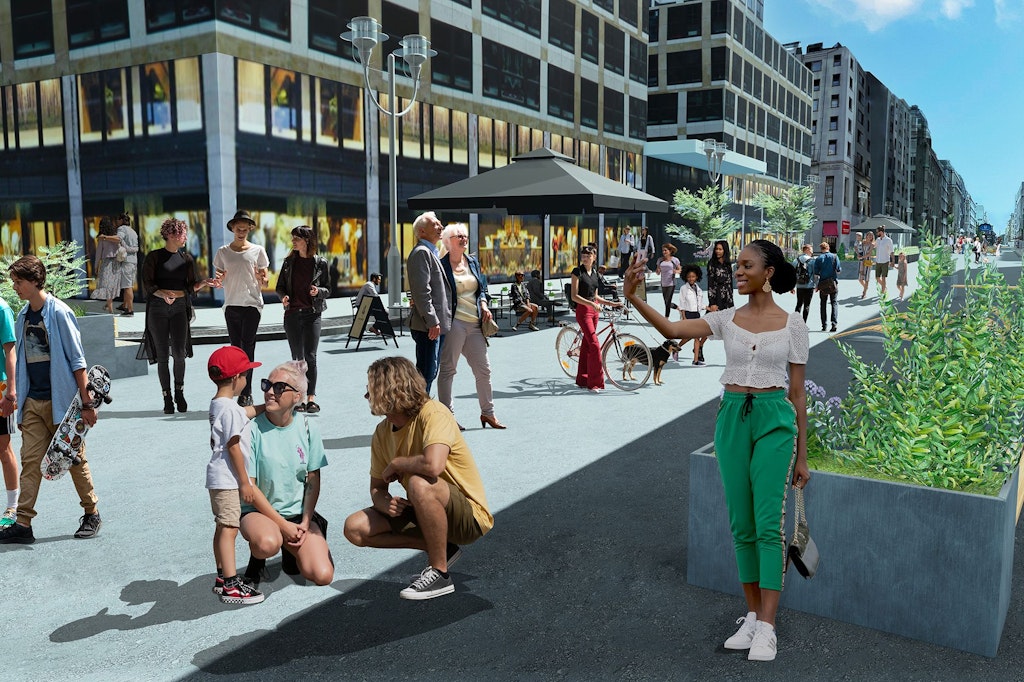 Der 500 Meter lange Abschnitt der Friedrichstraße gehört ab Montag den Fußgängern. So soll es im Frühjahr aussehen, wenn Begrünung und Sitzmöbel aufgestellt sind. 