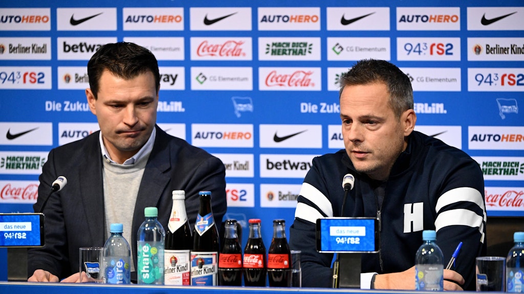 Herthas neuer Sportdirektor Benjamin Weber und Präsident Kay Bernstein.
