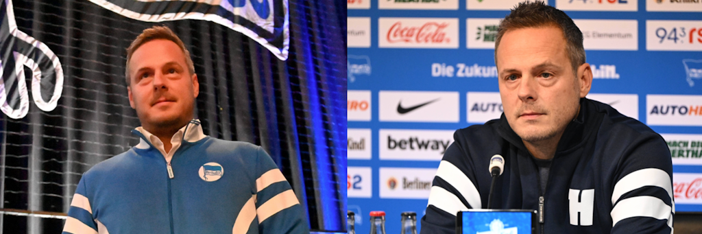 Kay Bernstein am 26.Juni 2022 nach seiner Wahl zum Präsidenten von Hertha BSC. ER präsentierte sich seitdem immer mit der kultigen Retro-Jacke. Jetzt wechselte er die Klamotten beim Bobic-Rausschmiss – dunkelblaue Baseballjacke.