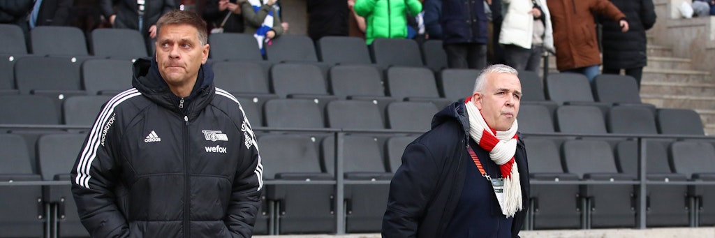 Sieht nur so aus, gehen aber bisher keine getrennten Wege: Manager Oliver Ruhnert (l.) und Dirk Zingler, Präsident des 1. FC Union.