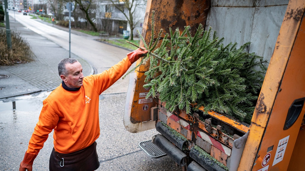 Thomas Schulze, Kraftfahrer bei der Berliner Stadtreinigungsbetriebe (BSR), entsorgt in Berlin Hohenschönhausen ausgediente Weihnachtsbäume. 