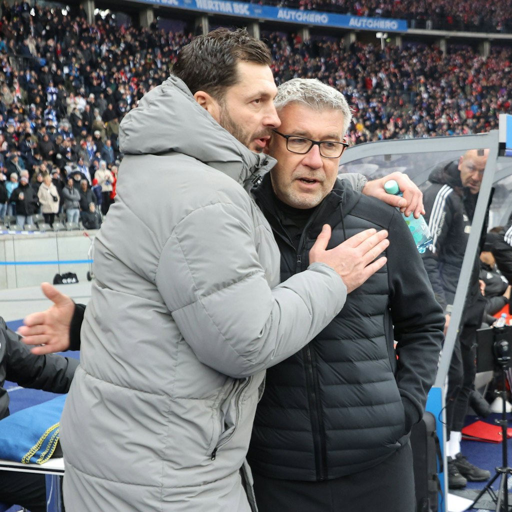 Bei aller Rivalität zwischen Hertha BSC und dem 1. FC Union: Die beiden Trainer Sandro Schwarz und Urs Fischer mögen sich.