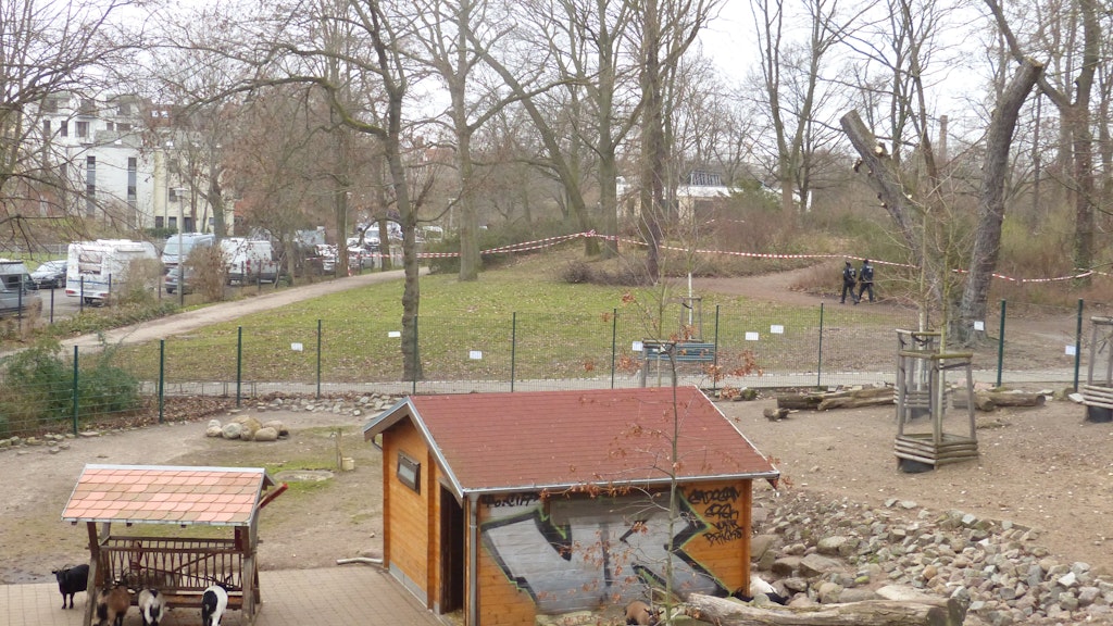 Blick über das Ziegengehege zu dem mit Büschen bewachsenen Hügel, auf dem das Kind gefunden wurde.