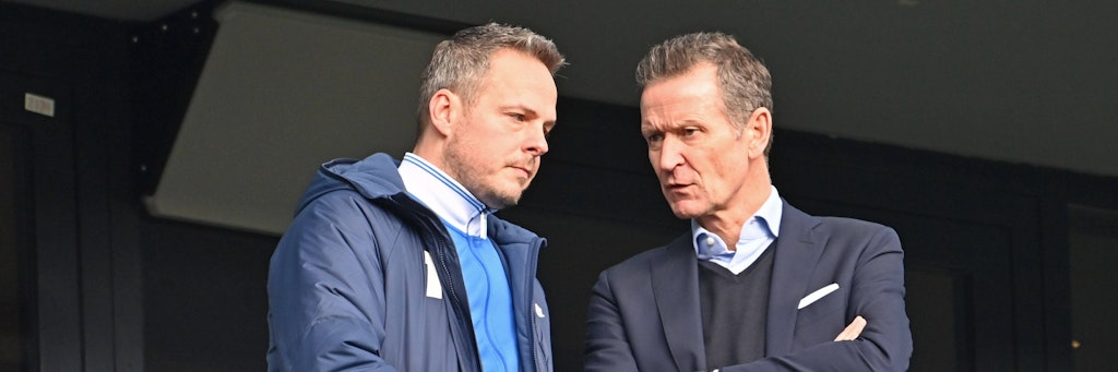 Präsident Kay Bernstein (l.) und Finanz-Boss Tom Herrich müssen bei Hertha BSC die nächsten Verluste in Millionenhöhe verkraften.