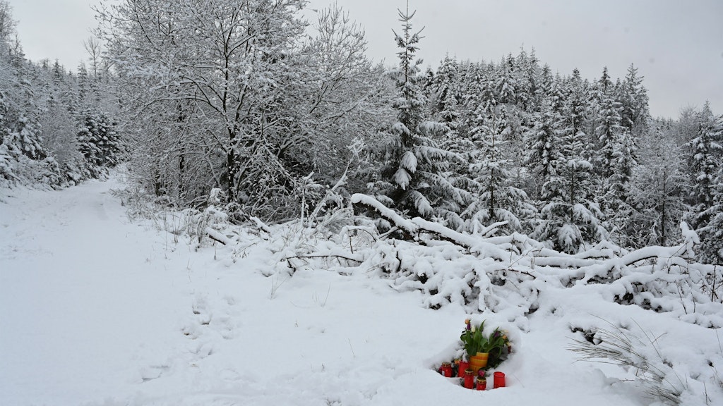 Unbekannte haben am Fundort des ermordeten zwölfjährigen Mädchens Luise Blumen in den frisch gefallenen Schnee gelegt.