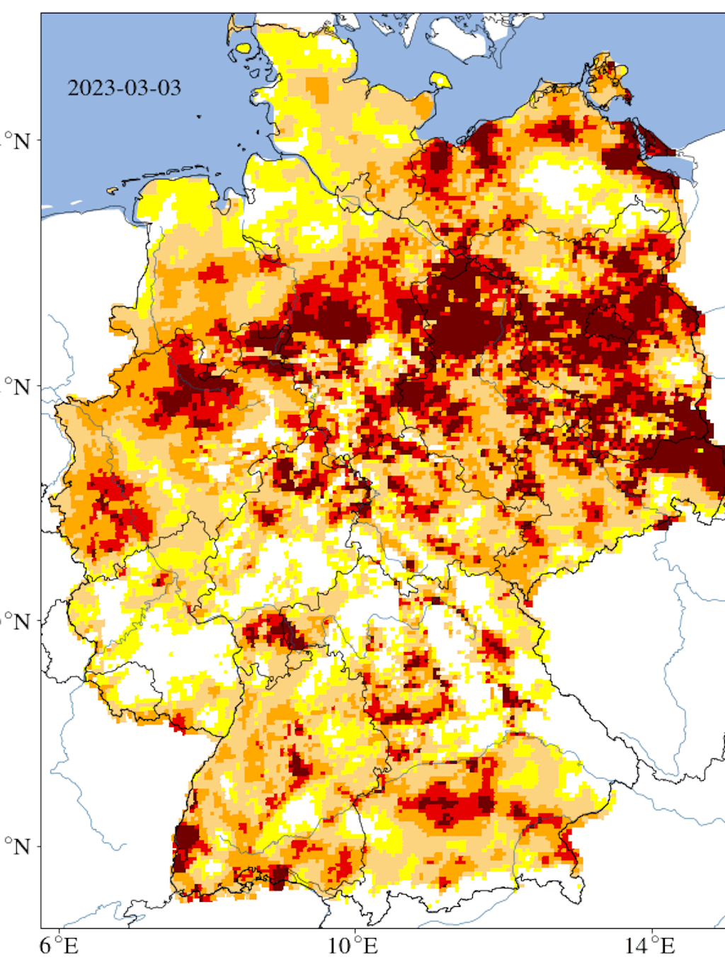 Der Dürremonitor des Helmoltz-Zentrums für Umweltforschung (UFZ) zeigt das Ausmaß der aktuellen Trockenheit: Dargestellt ist die Entwicklung der letzten 14 Tage in 1,8 Metern Tiefe.