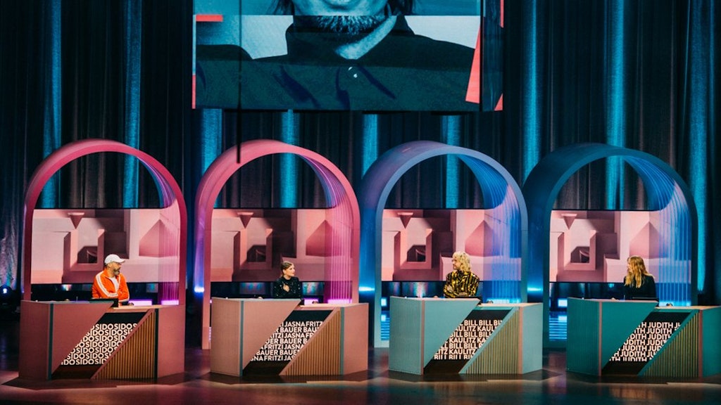 Die Kandidaten in der fünften Folge von „Wer stiehlt mir die Show?“ mit Joko Winterscheidt: Rapper Sido, Schauspielerin Jasna Fritzi Bauer, Tokio Hotel-Star Bill Kaulitz und Wildcard-Kandidatin Judith.
