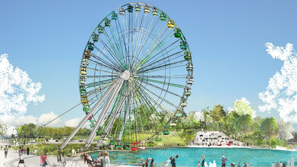Ein kleiner See, über dem das historische Riesenrad seine Kreise dreht: So soll in Zukunft das Herz des Berliner Spreeparks aussehen.