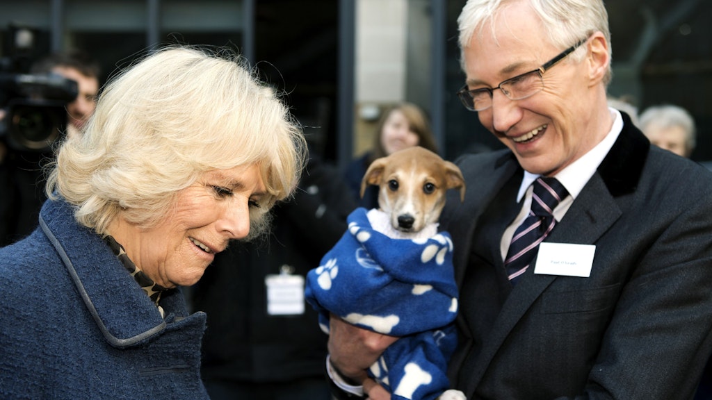 Königsgemahlin Camilla (l), damals Herzogin von Cornwall, spricht während ihres Besuchs im Battersea Dogs & Cats Home mit Paul O'Grady, Moderator und ehemalige Drag-Queen aus Großbritannien. Paul O'Grady ist am Dienstag überraschend im Alter von 67 Jahren gestorben. 