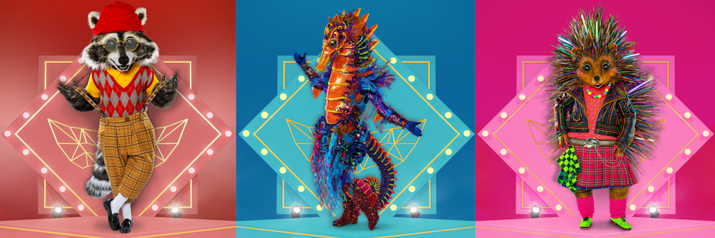 Drei der Kostüme bei The Masked Singer in Deutschland: Waschbär, Seepferdchen und Igel.