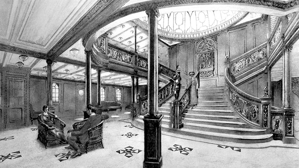 Die Illustration zeigt die große Treppe in der Kuppel-Halle der Titanic, die auch Fans des Films bestens bekannt sein dürfte.
