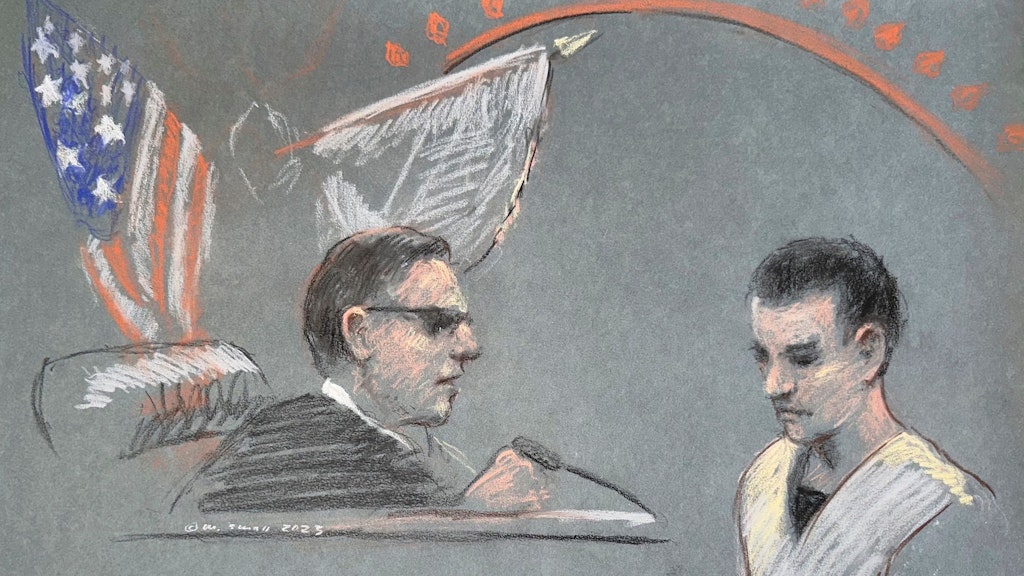 Die Gerichtszeichnung zeigt Jack Teixeira vor dem Richter in Boston.