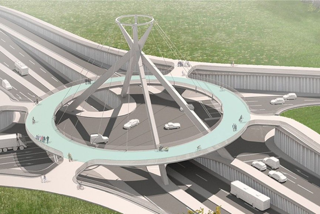 Sieht ja schick aus und wird immer wieder gern gezeigt, weil sonst nichts von der TVO zu zeigen gibt: Der Knotenpunkt, wo sich B1/B5 und TVO kreuzen sollen: Der Ost-West-Verkehr kommt in einen kurzen Tunnel, der Nord-Süd-Verkehr soll darüber geführt werden. Rechts führt die Märkische Allee nach Marzahn, links die TVO nach Köpenick. Eine kreisrunde Brücke dient dem Rad- und Fußverkehr.