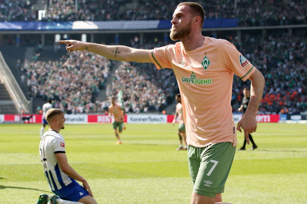 Bremens Marvin Ducksch bejubelt einen seiner drei Treffer gegen Hertha BSC.