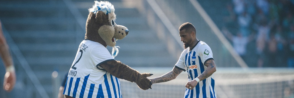 Wollen das Grauen noch verhindern: Herthas Maskottchen Herthino und Kabinen-Anführer Prince Boateng.